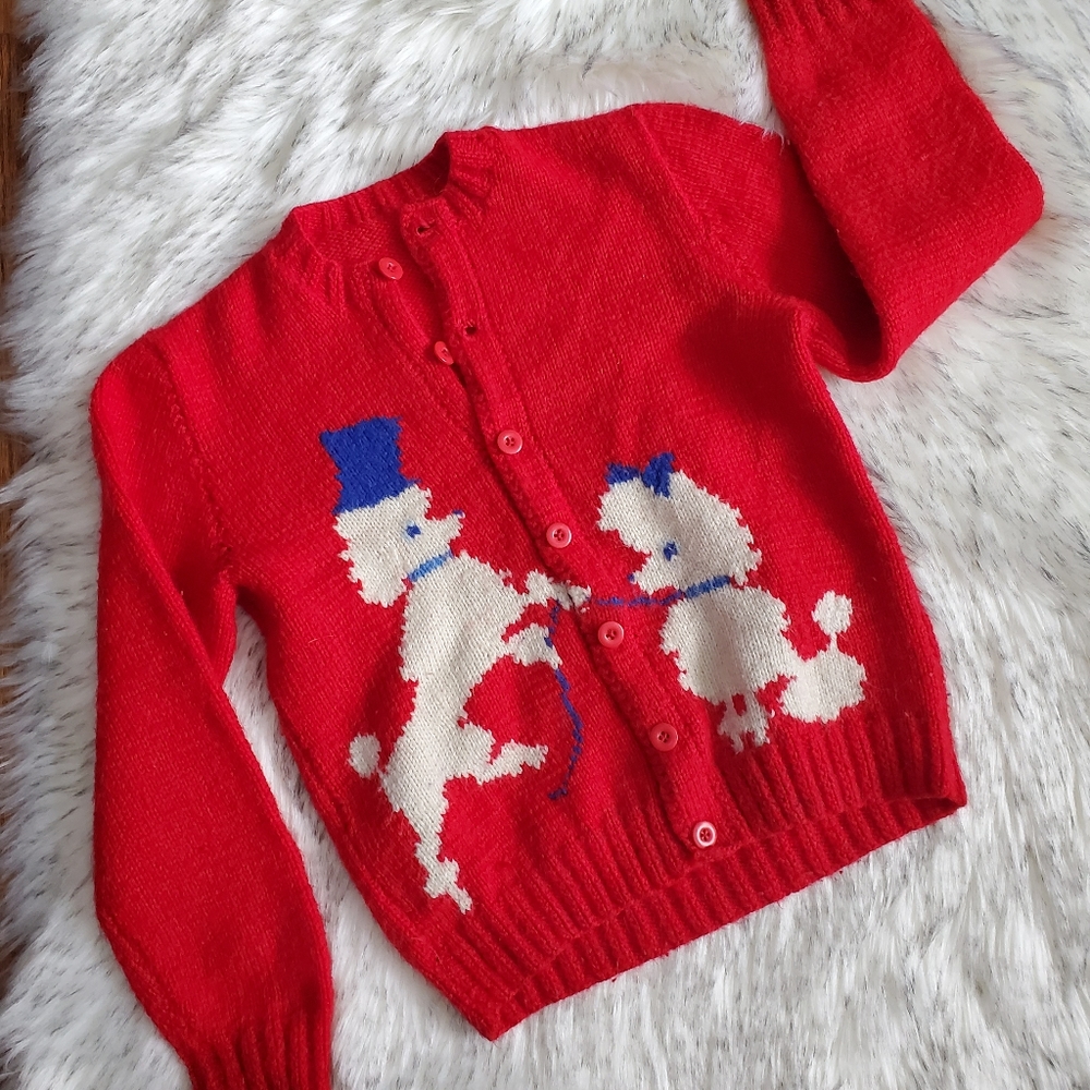 Vtg Mary Maxim Kids French Poodle Cardigan
